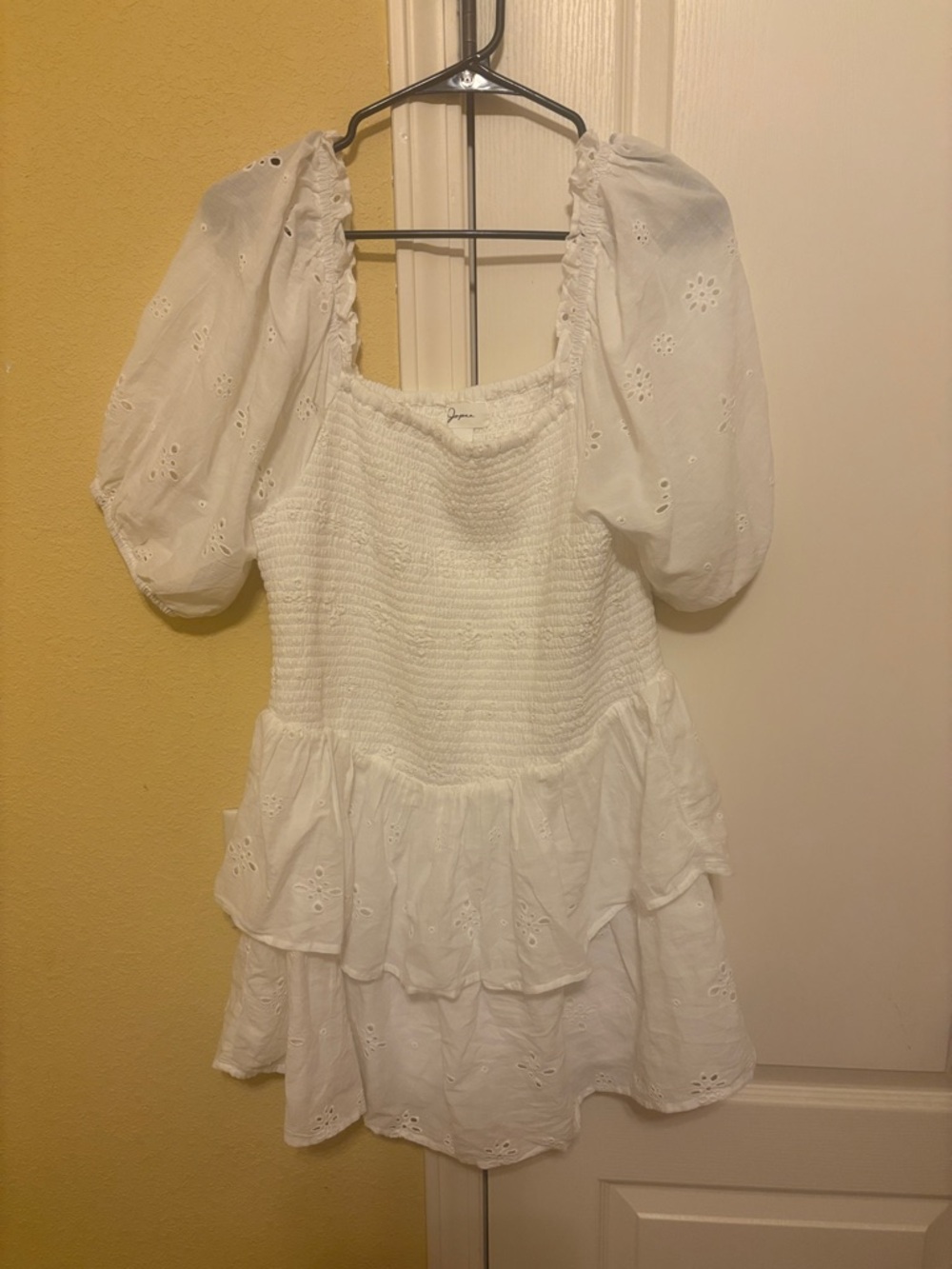 White Eyelet Puff Sleeve Smocked Mini Dress